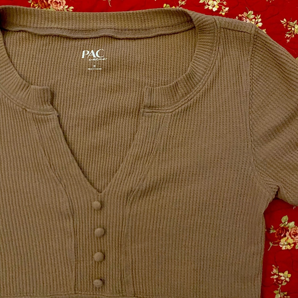 Pac Sun V Neck Cropped Faux Button Waffle Short Sleeved Tee